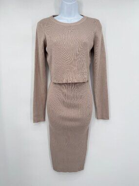 REHAB NWT Taupe‎ /Tan Ribbed Knit Crop Top Midi Cocktail Bodycon Skirt Set L